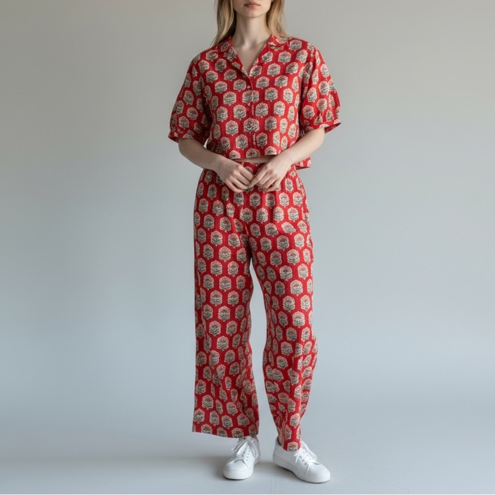Quiet Culture Take‎ Pause Red Floral Print Two Piece Set Top Capris Pants XXL